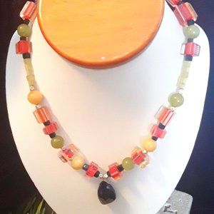 Striped Cane Glass and Stone Beaded Necklace